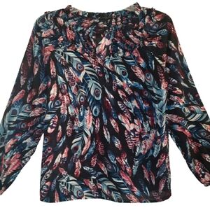 Talbots women's med feathered print ruffled neckline pullover blouse. 4043